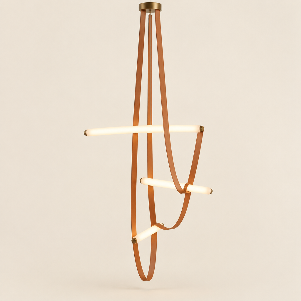 Acton Leather Chandelier – switched on, studio view