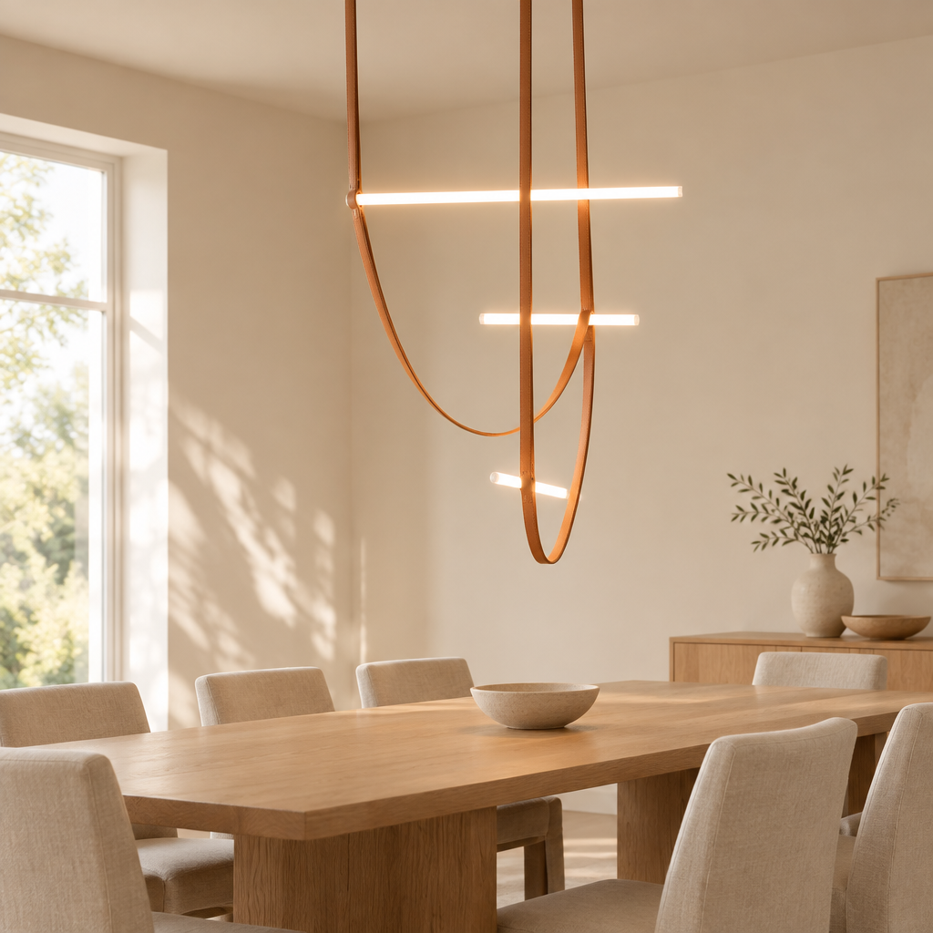 Acton Leather Chandelier – above a dining table