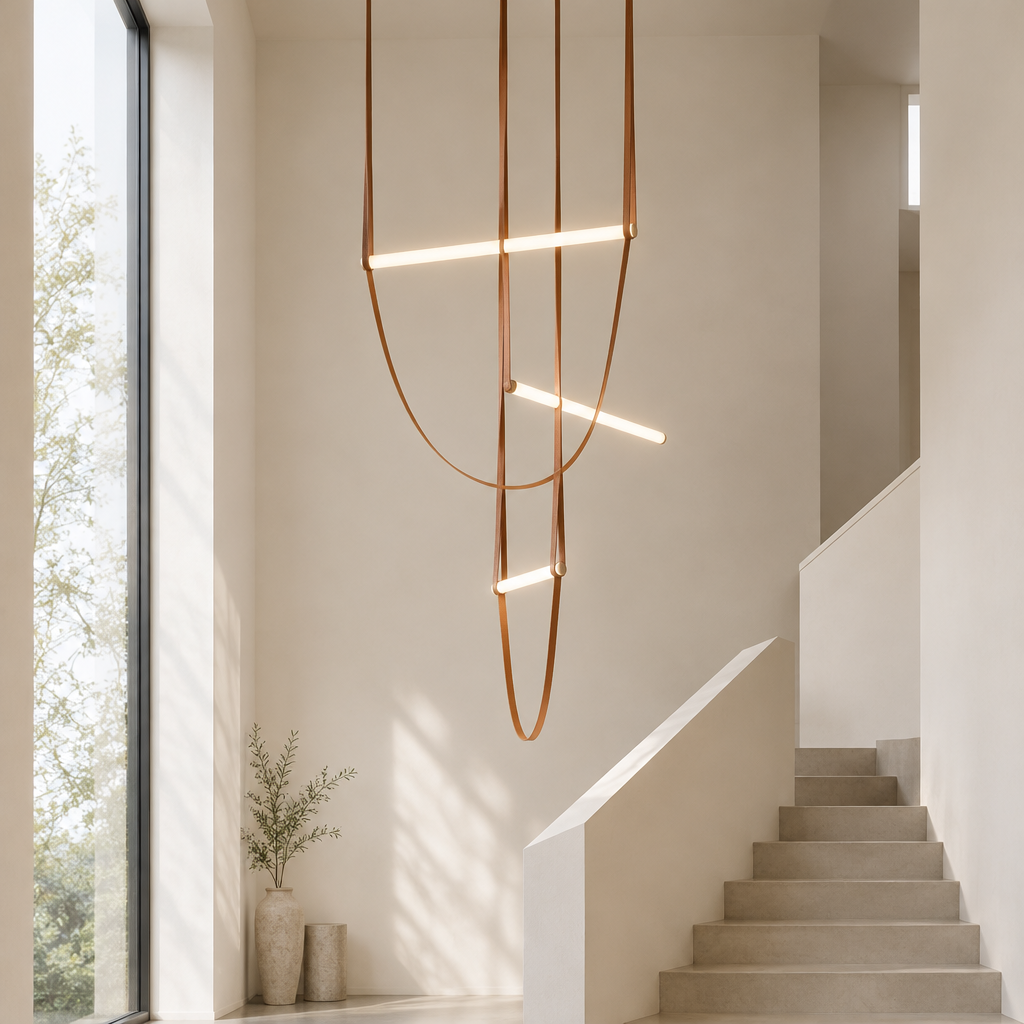 Acton Leather Chandelier – in a tall stairwell