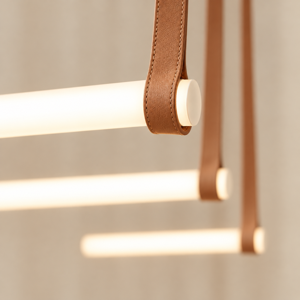 Acton Leather Chandelier – close-up of the leather loop and LED tube