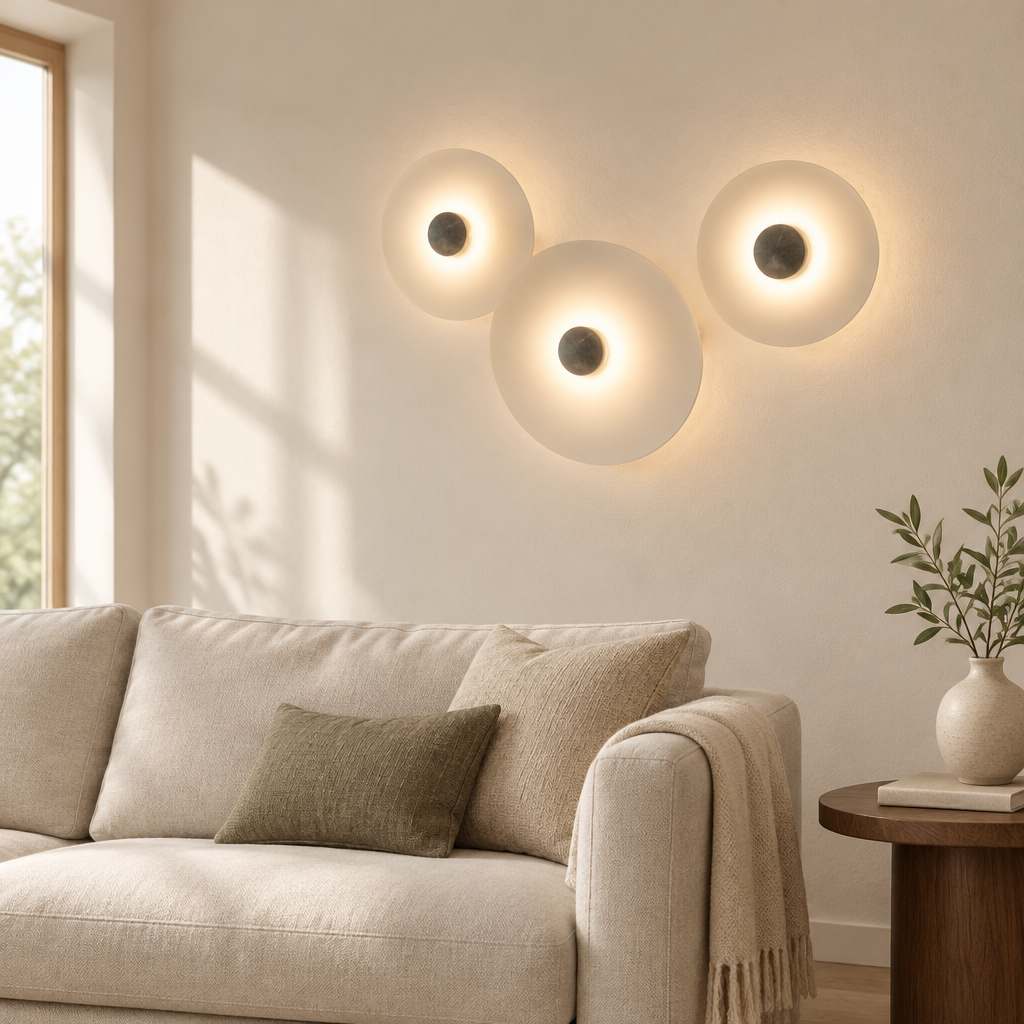 Ashby Halo Disc Wall Light – a cluster above a sofa