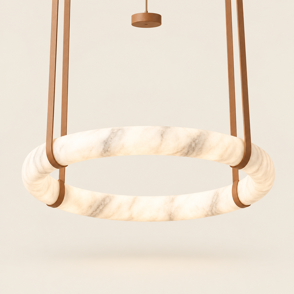 Aston Marble-Effect Pendant Light – switched on, studio view