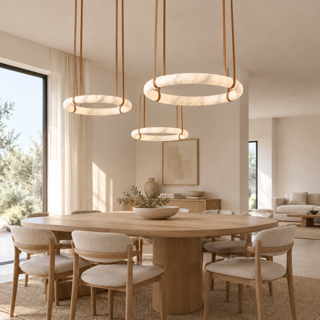 Aston Marble-Effect Pendant Light – a group of rings above a long table