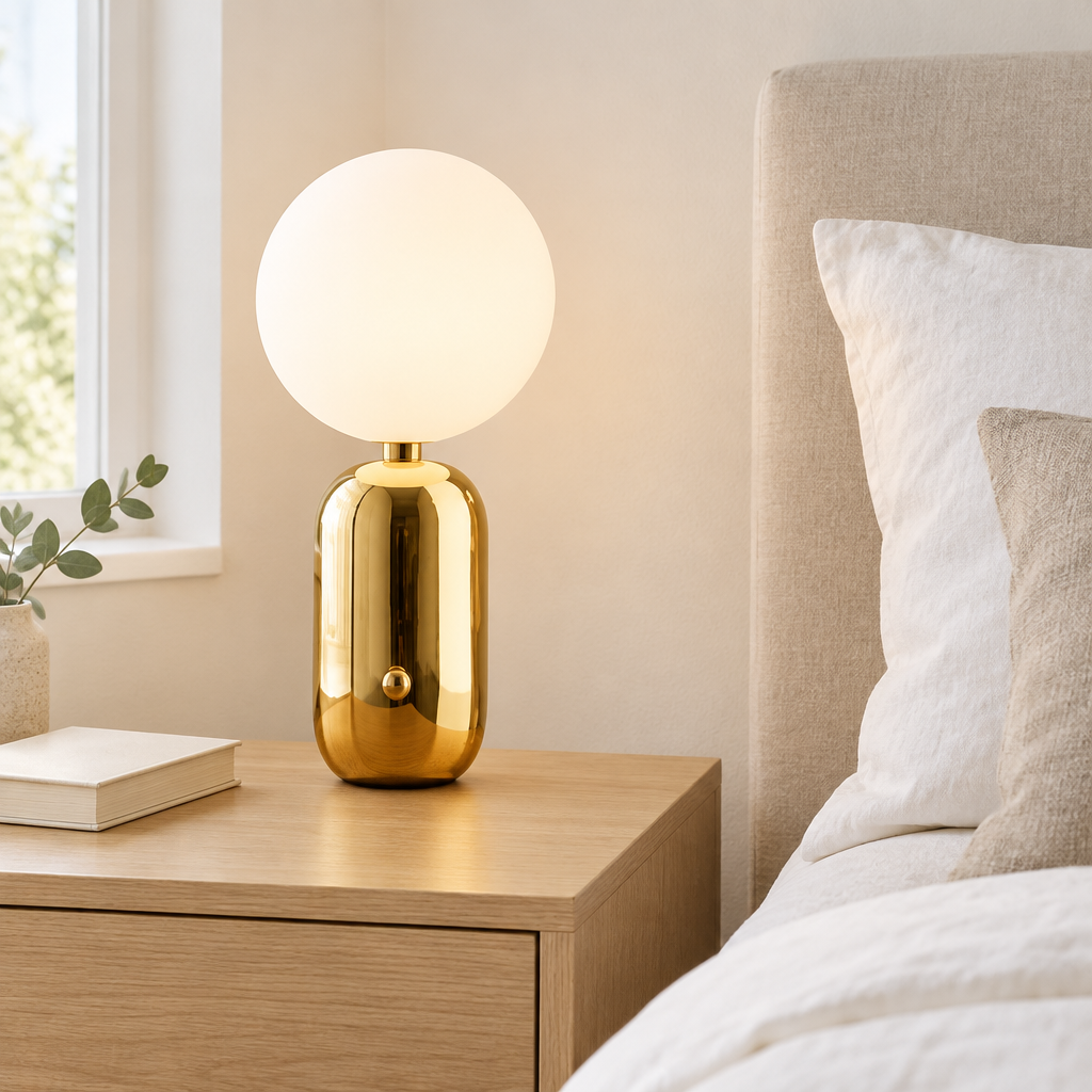 Aysgarth Opal Glass Table Lamp – on a bedside table