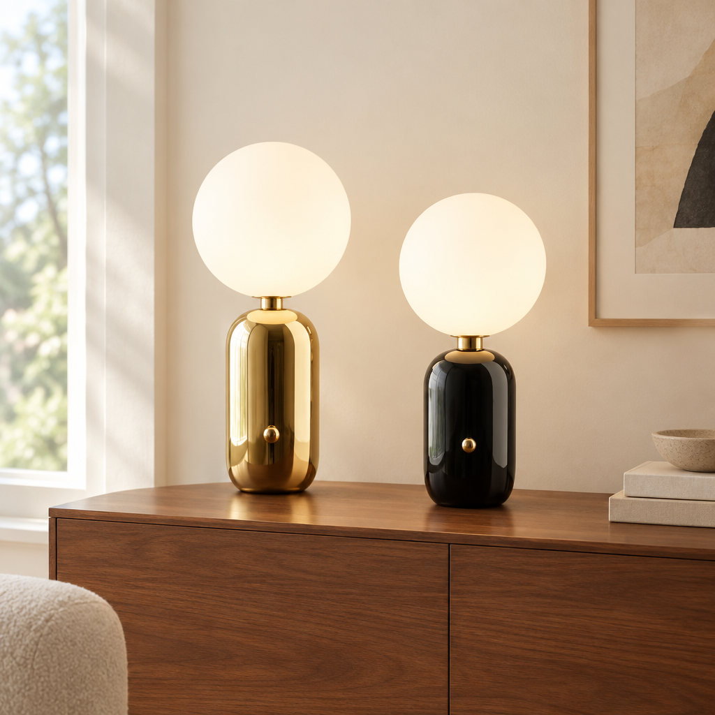Aysgarth Opal Glass Table Lamp – a gold and a black lamp on a console