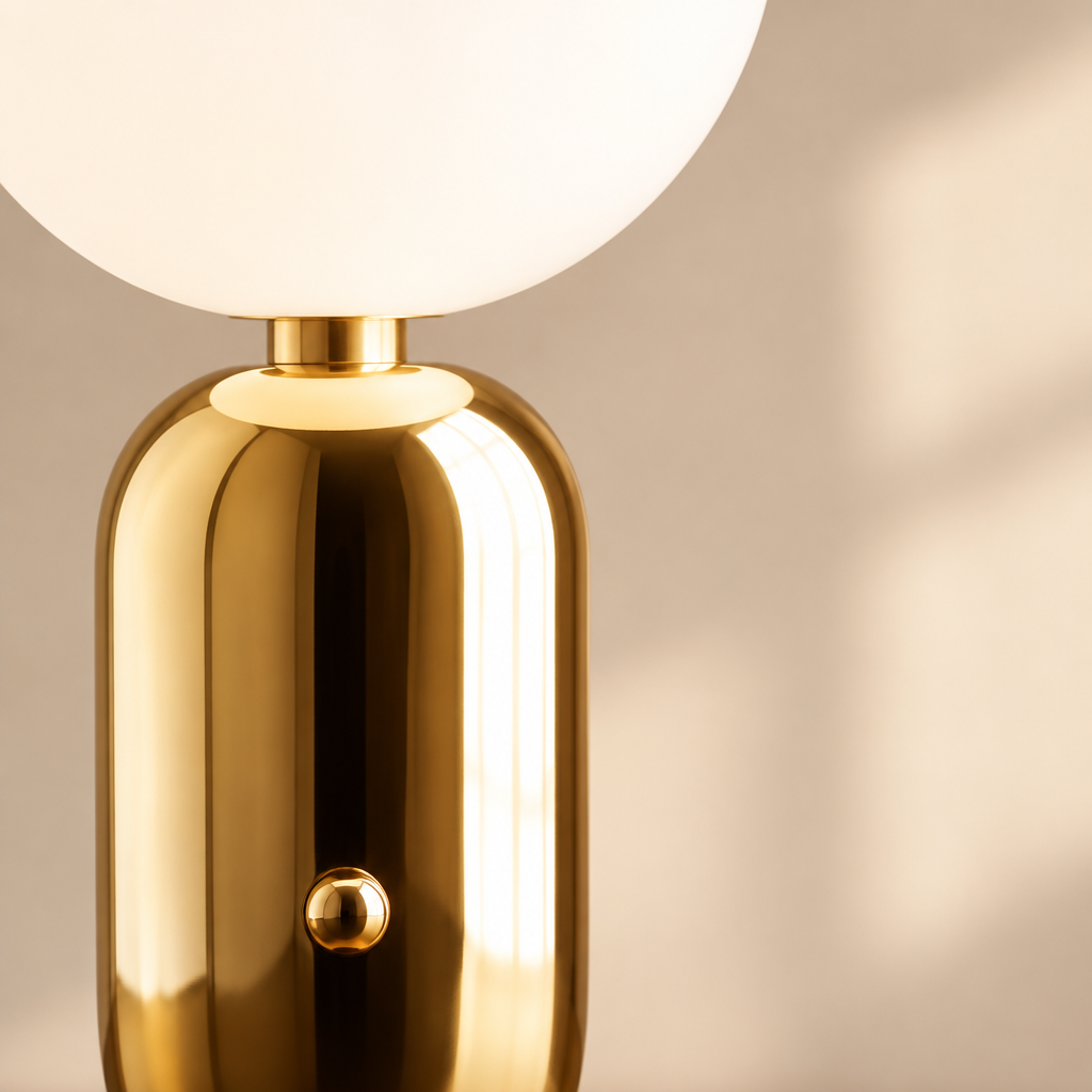 Aysgarth Opal Glass Table Lamp – close-up of the gold base and button detail
