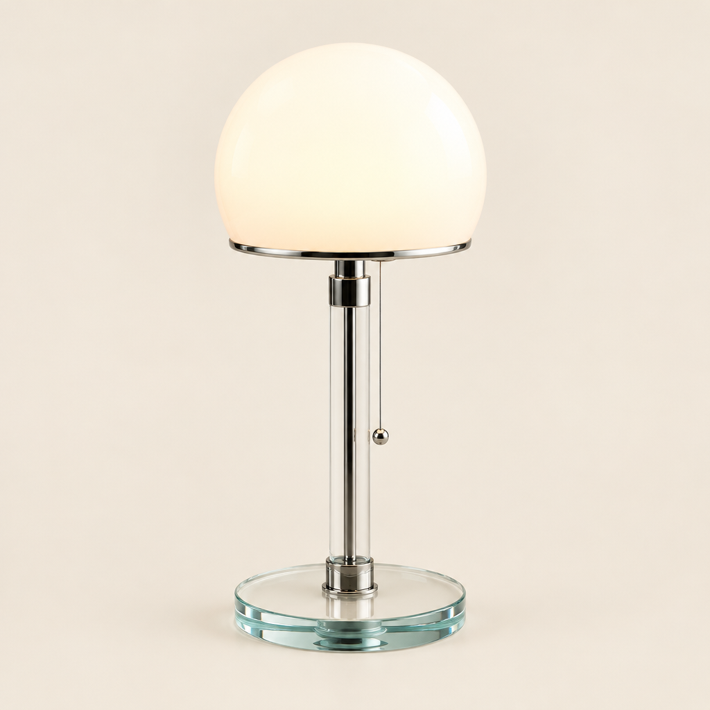 Badby Opal Glass Table Lamp – switched on, studio view