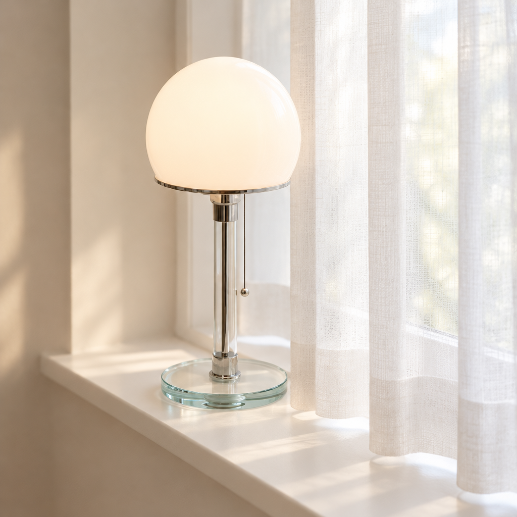 Badby Opal Glass Table Lamp – on a windowsill