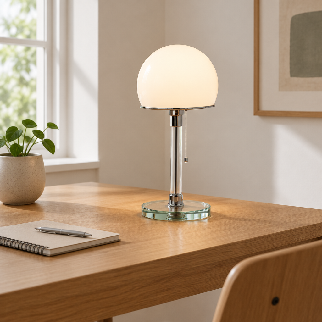 Badby Opal Glass Table Lamp – on an oak desk