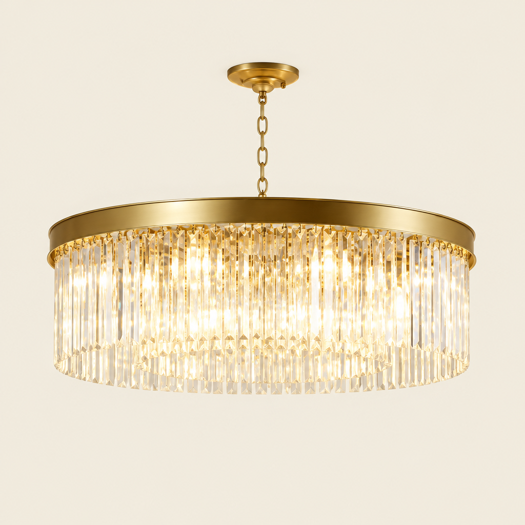 Bampton Crystal Ring Chandelier – switched on, studio view