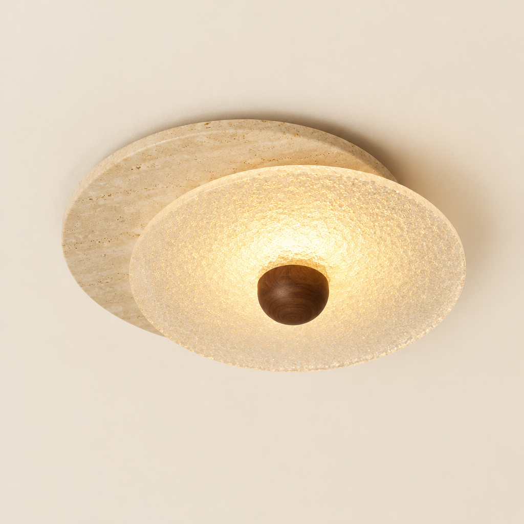 Barnes Travertine Ceiling Light – switched on, studio view