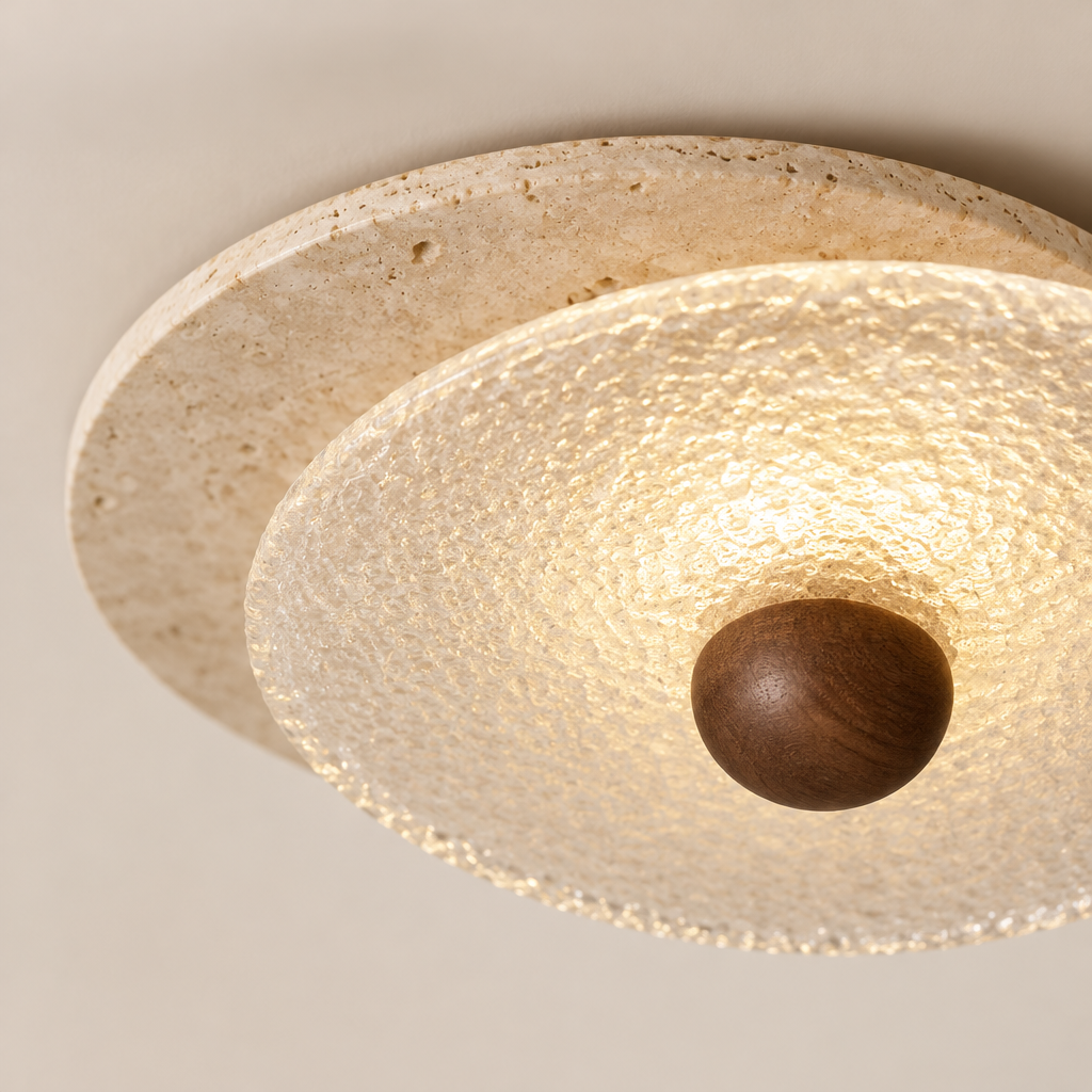 Barnes Travertine Ceiling Light – close-up of the textured glass and walnut knob