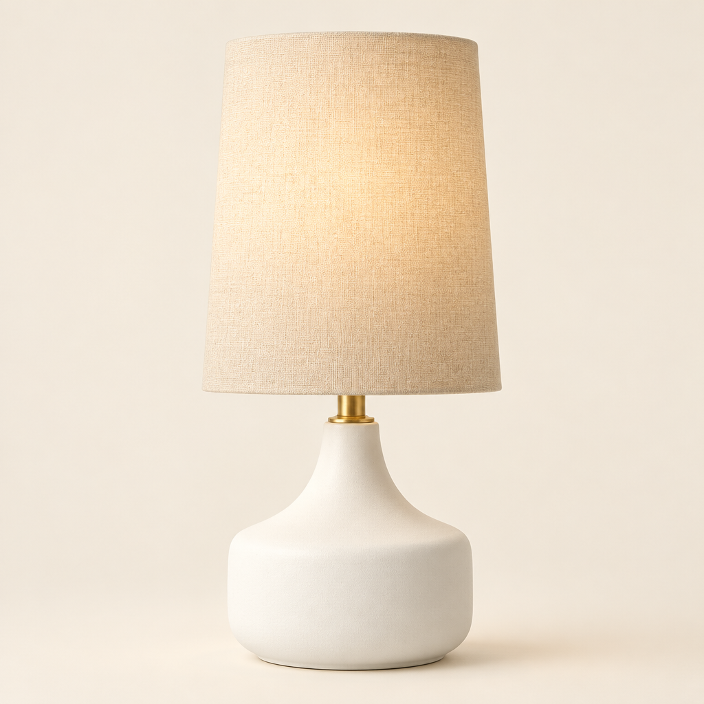 Bembridge Linen-Effect Table Lamp – switched on, studio view