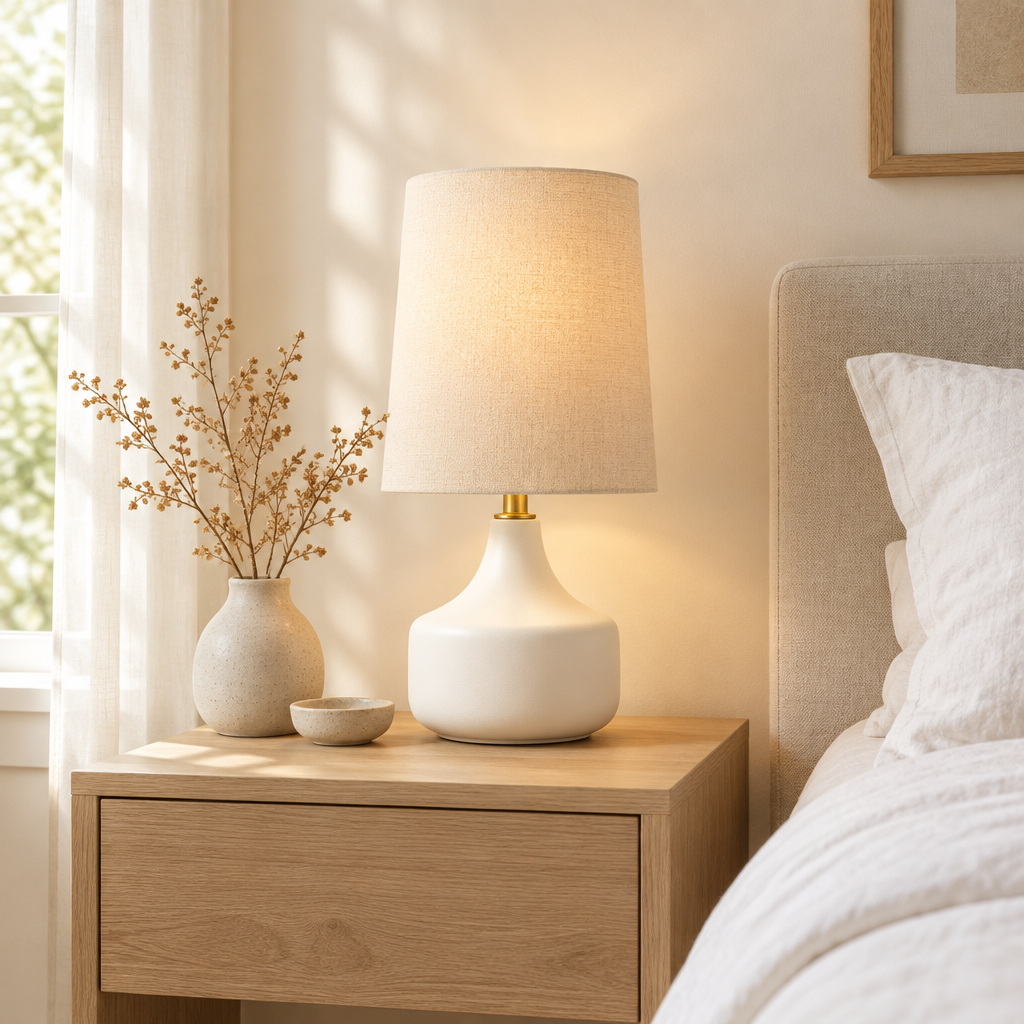 Bembridge Linen-Effect Table Lamp – on a bedside table in a linen bedroom