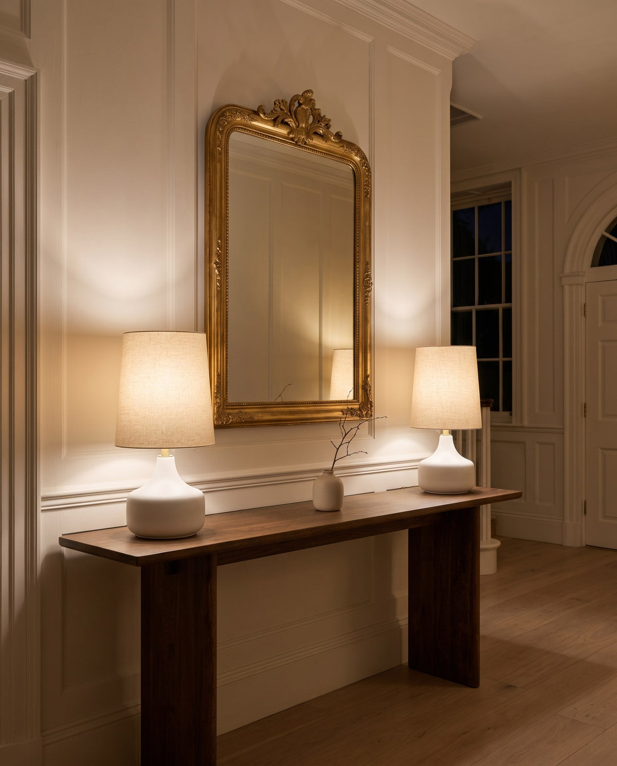 Bembridge Linen-Effect Table Lamp glowing in the evening