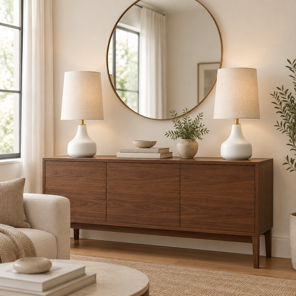 Bembridge Linen-Effect Table Lamp – a pair on a console under a mirror