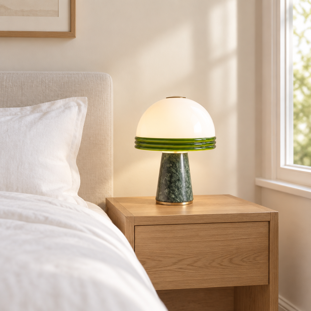 Bilsdale Green Marble Table Lamp – on a bedside table