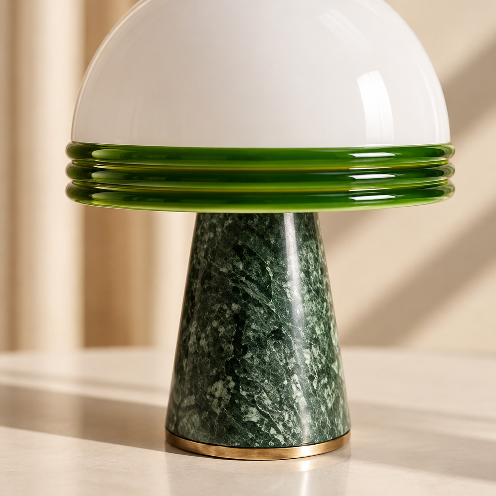 Bilsdale Green Marble Table Lamp – close-up of the green marble and banded glass