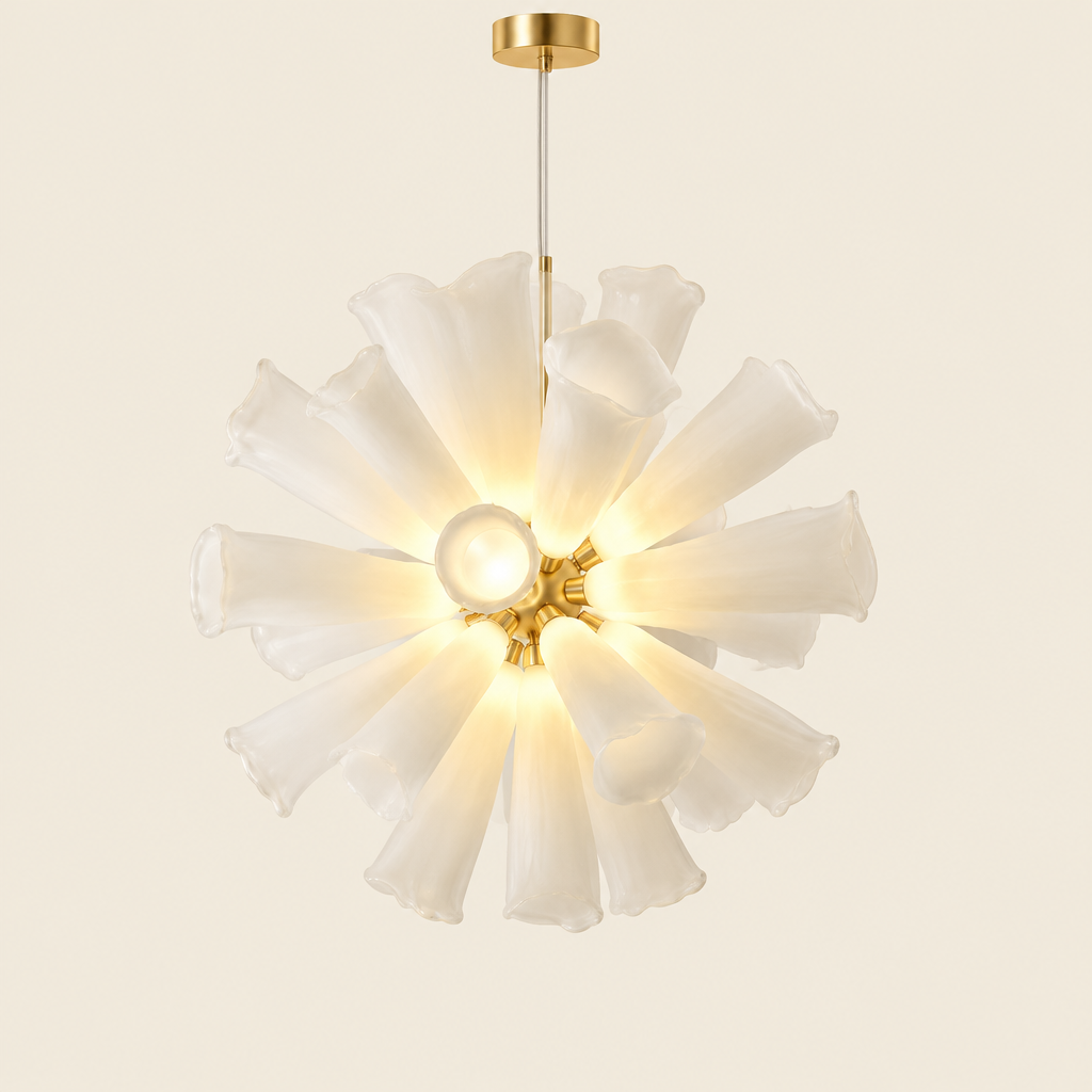 Bisham Glass Petal Sphere Pendant Light – switched on, studio view