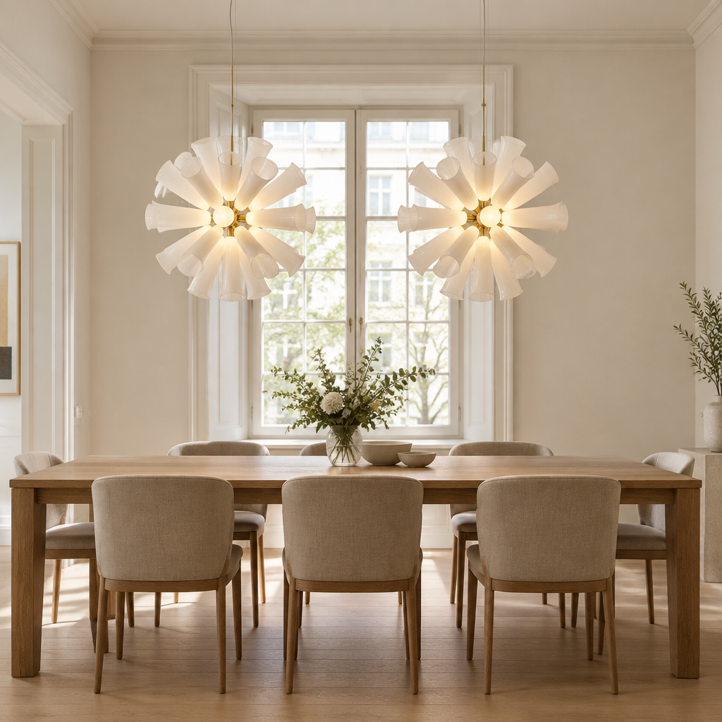 Bisham Glass Petal Sphere Pendant Light – a pair above a long table