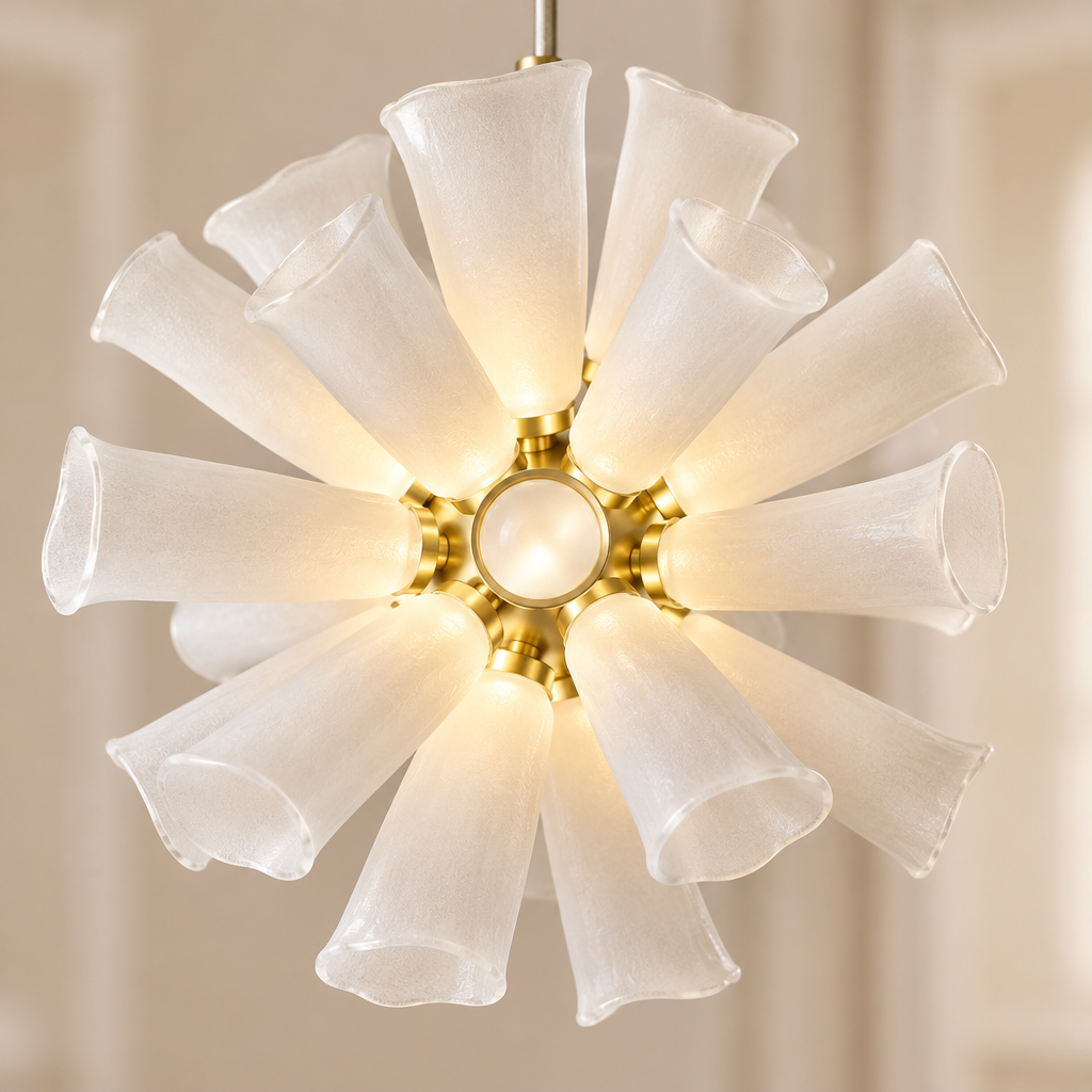 Bisham Glass Petal Sphere Pendant Light – close-up of the glass petals and gold core