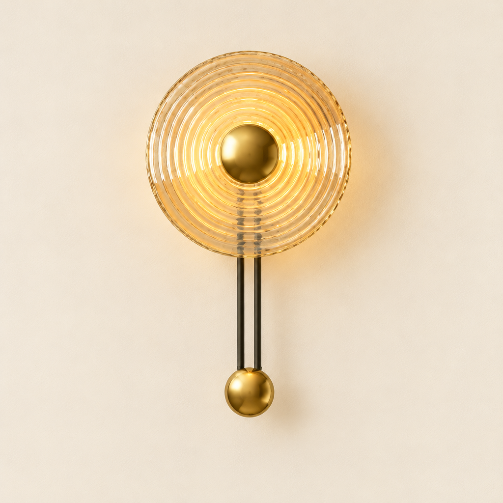 Blakeney Amber Ripple Wall Light – switched on, studio view