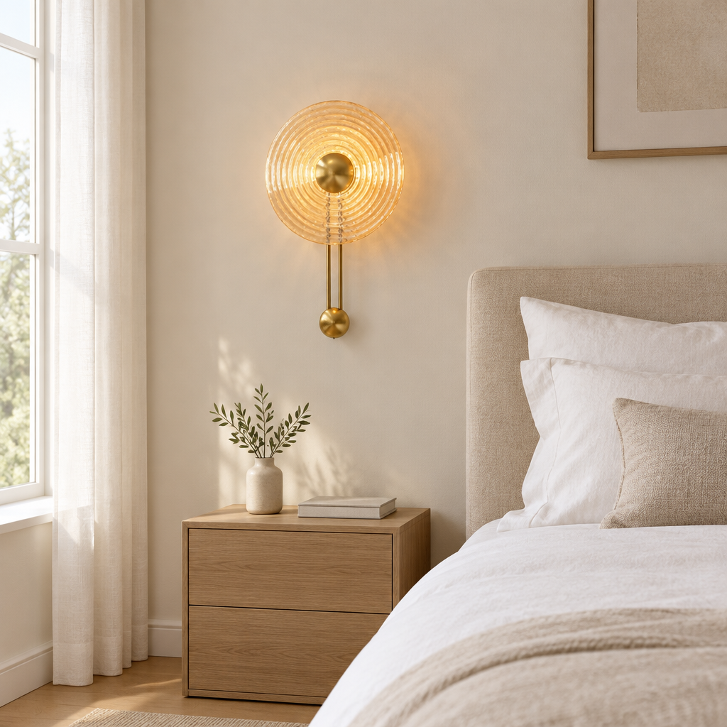 Blakeney Amber Ripple Wall Light – beside a bed