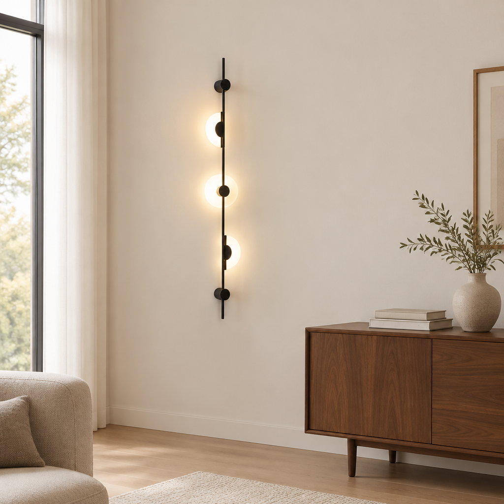 Boscastle Tall Linear Wall Light – on a living room wall
