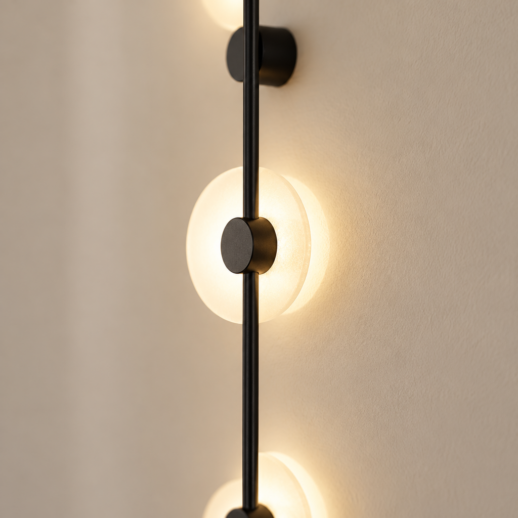 Boscastle Tall Linear Wall Light – close-up of a backlit disc on the rod