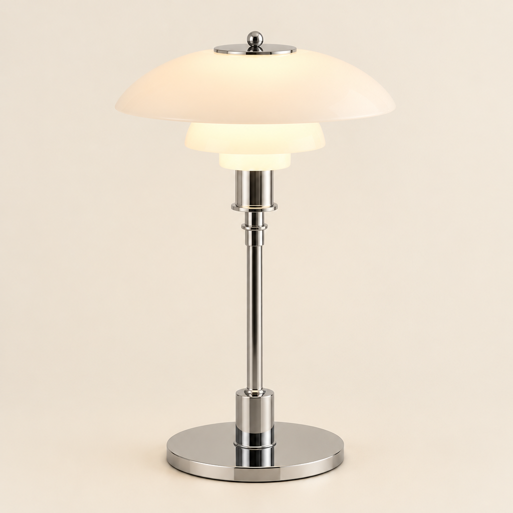 Bourne Opal Glass Table Lamp – switched on, studio view