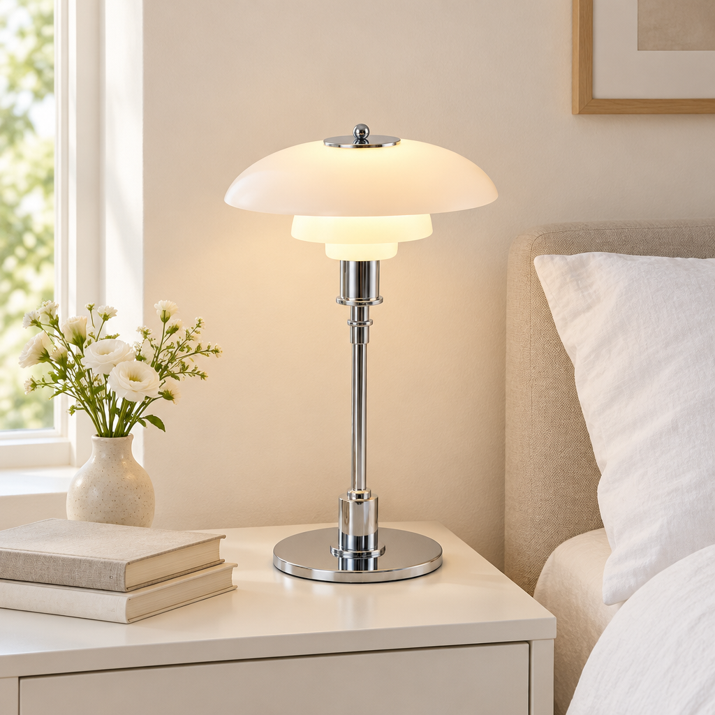Bourne Opal Glass Table Lamp – on a bedside table