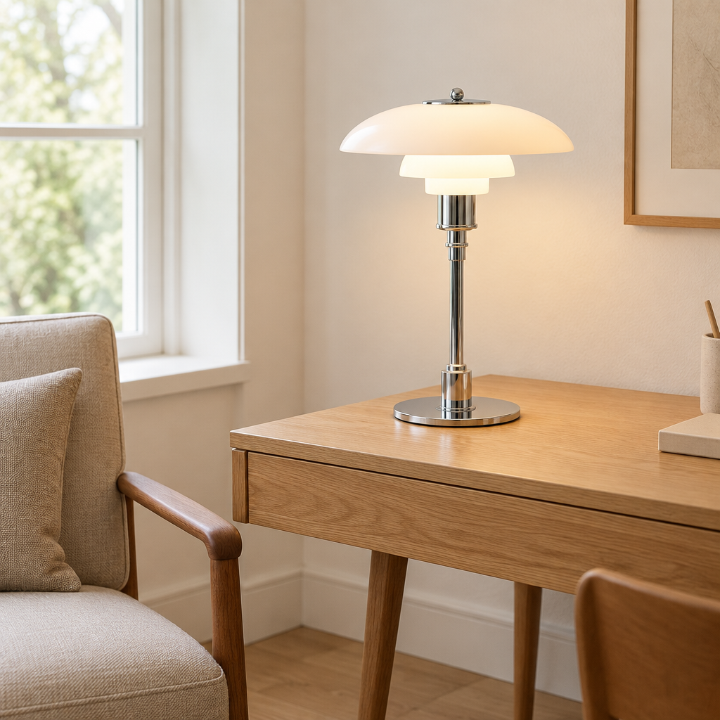 Bourne Opal Glass Table Lamp – on a desk in a reading corner