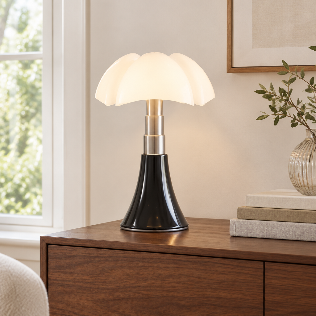 Bramley Petal Table Lamp – on a walnut sideboard in a living room