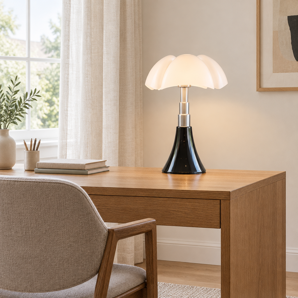 Bramley Petal Table Lamp – on a desk in a home office