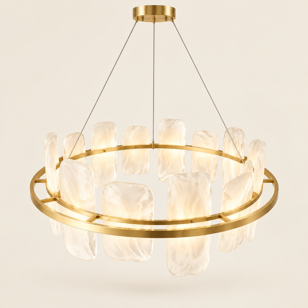 Brampton Cloud Glass Chandelier – switched on, studio view
