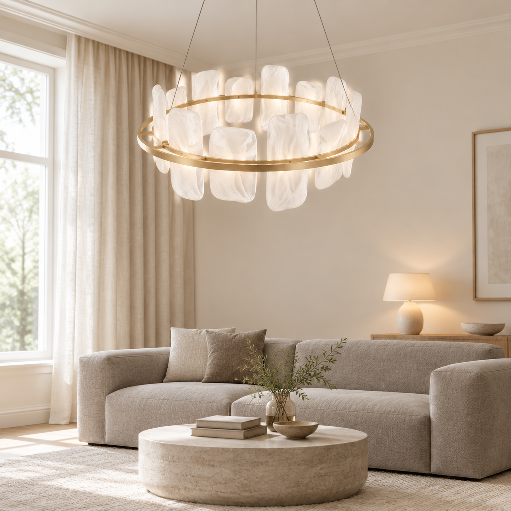 Brampton Cloud Glass Chandelier – in a bright living room