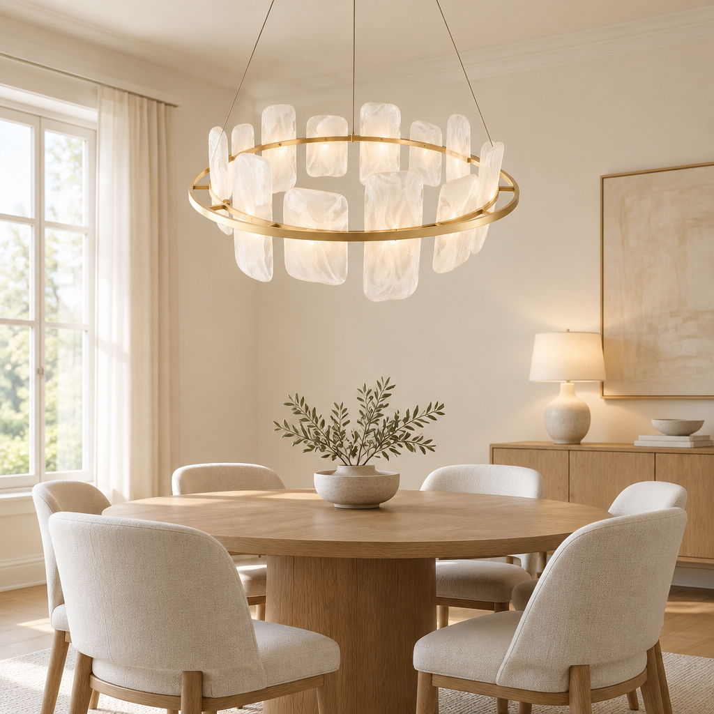Brampton Cloud Glass Chandelier – above a round dining table