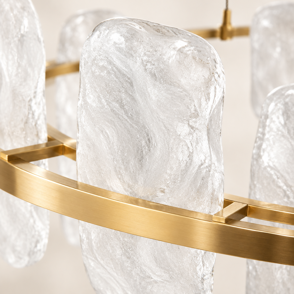 Brampton Cloud Glass Chandelier – close-up of the cloud glass and brass ring