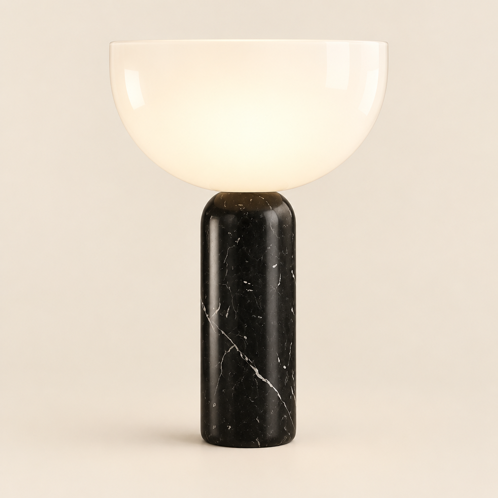 Brancaster Marble Table Lamp – switched on, studio view