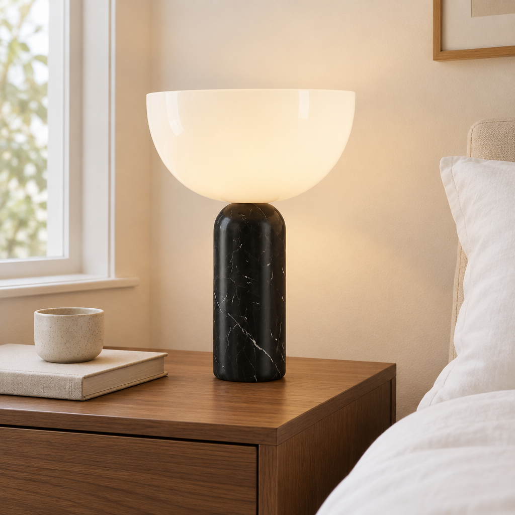 Brancaster Marble Table Lamp – on a bedside table