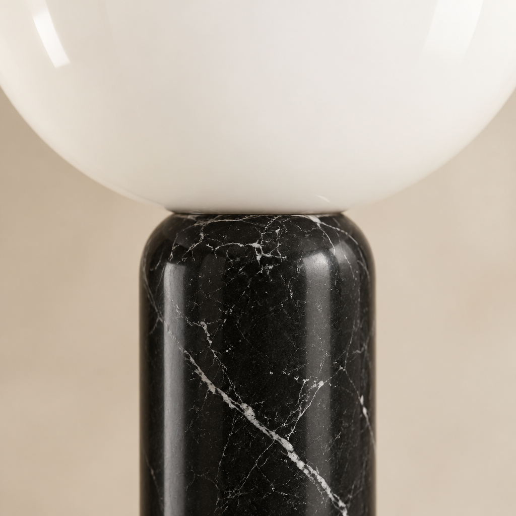 Brancaster Marble Table Lamp – close-up of the marble column and glass bowl