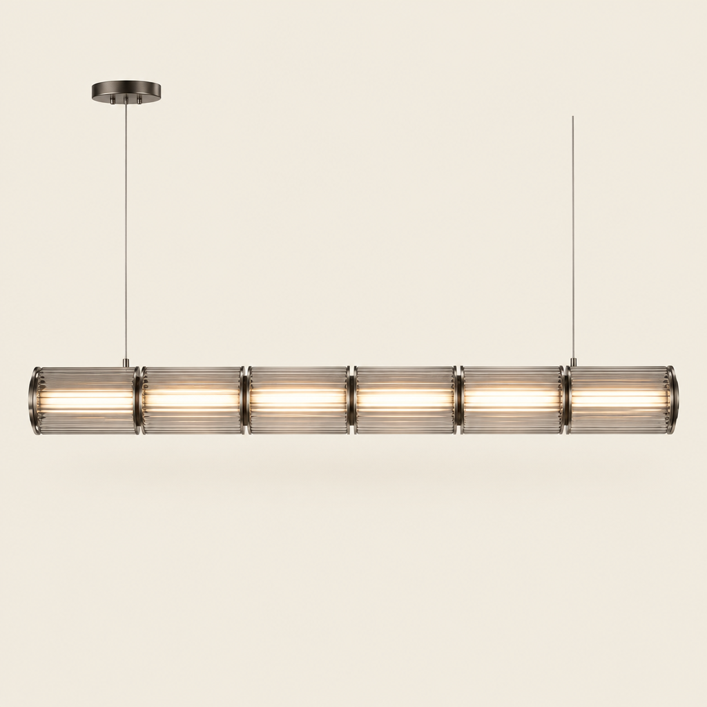 Brixham Ribbed Glass Linear Pendant Light – switched on, studio view