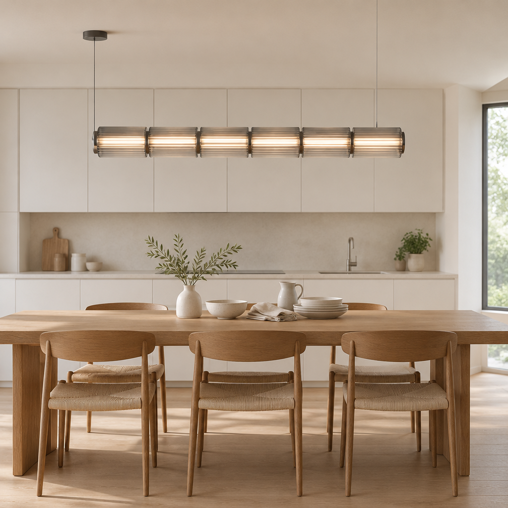 Brixham Ribbed Glass Linear Pendant Light – above a dining table