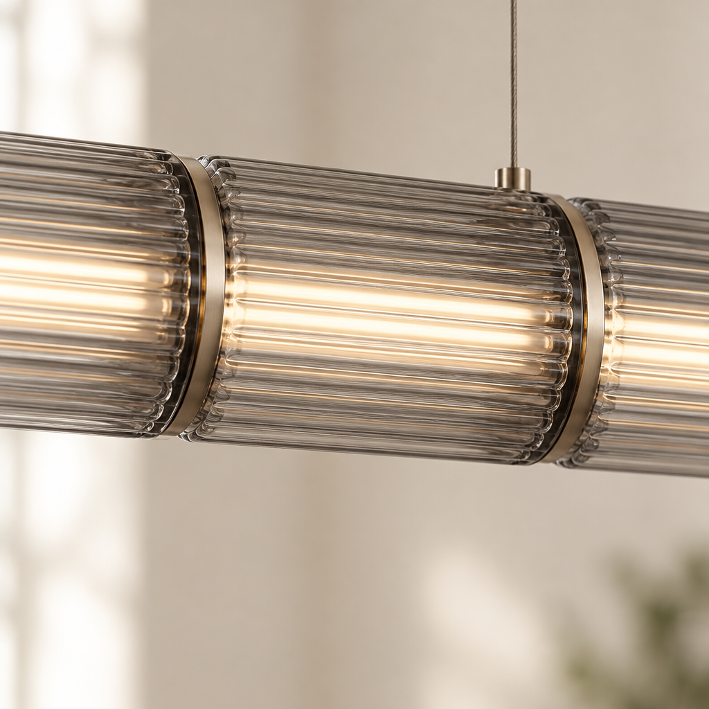 Brixham Ribbed Glass Linear Pendant Light – close-up of the ribbed glass sections