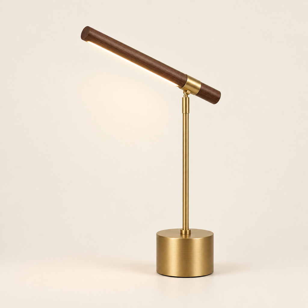 Burley Walnut-Effect Desk Lamp – switched on, studio view