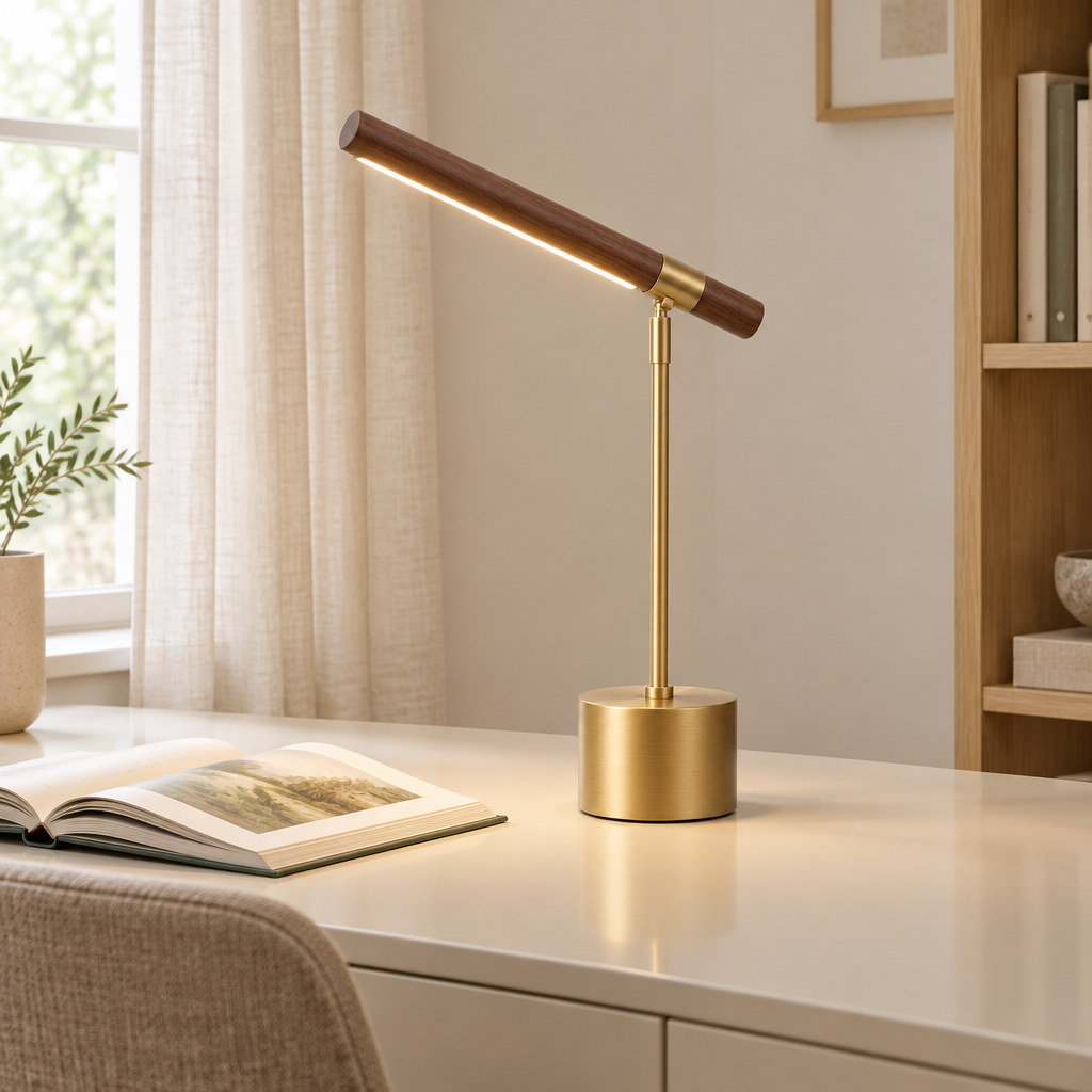 Burley Walnut-Effect Desk Lamp – on a desk with an open book