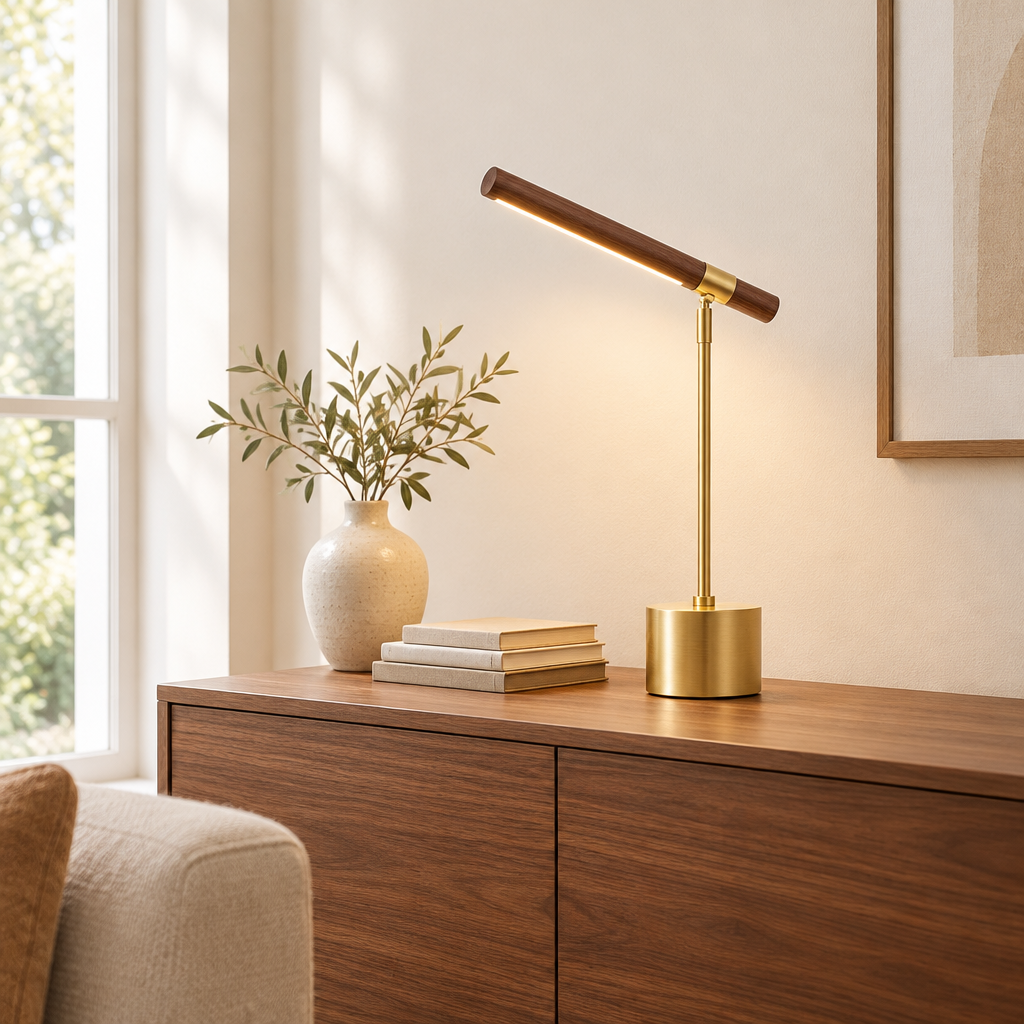 Burley Walnut-Effect Desk Lamp – on a walnut sideboard in a living room