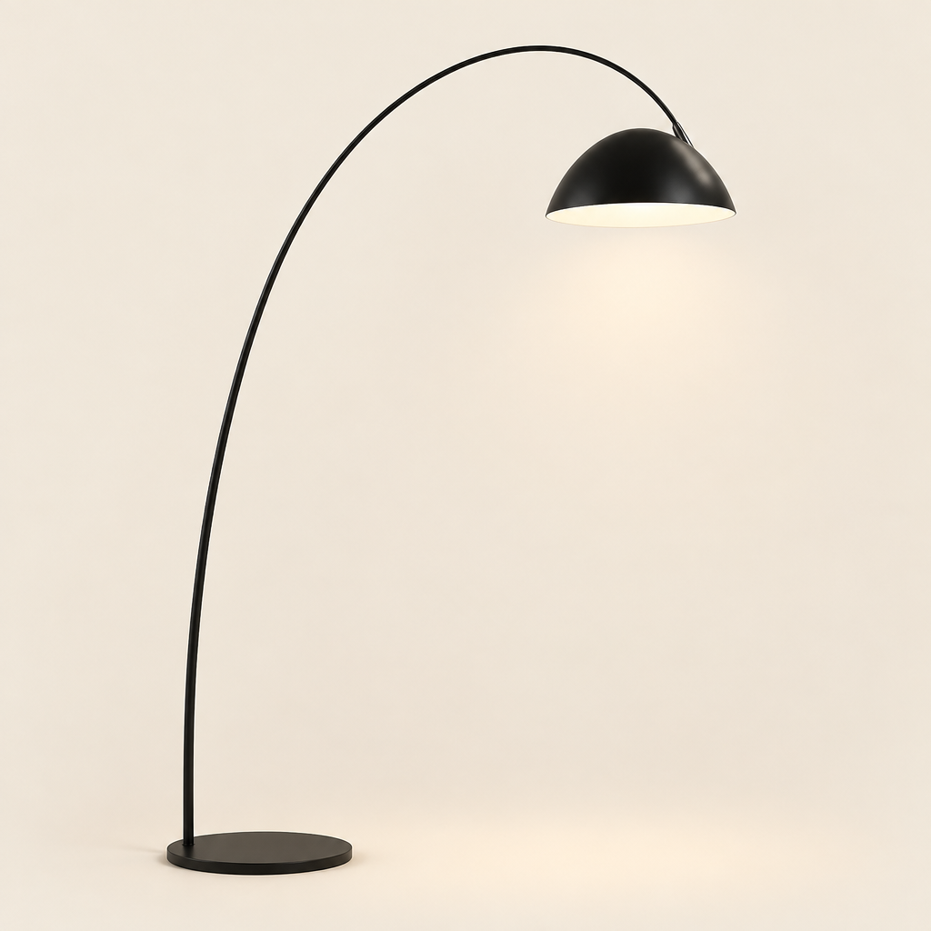 Caldbeck Arc Floor Lamp – switched on, studio view