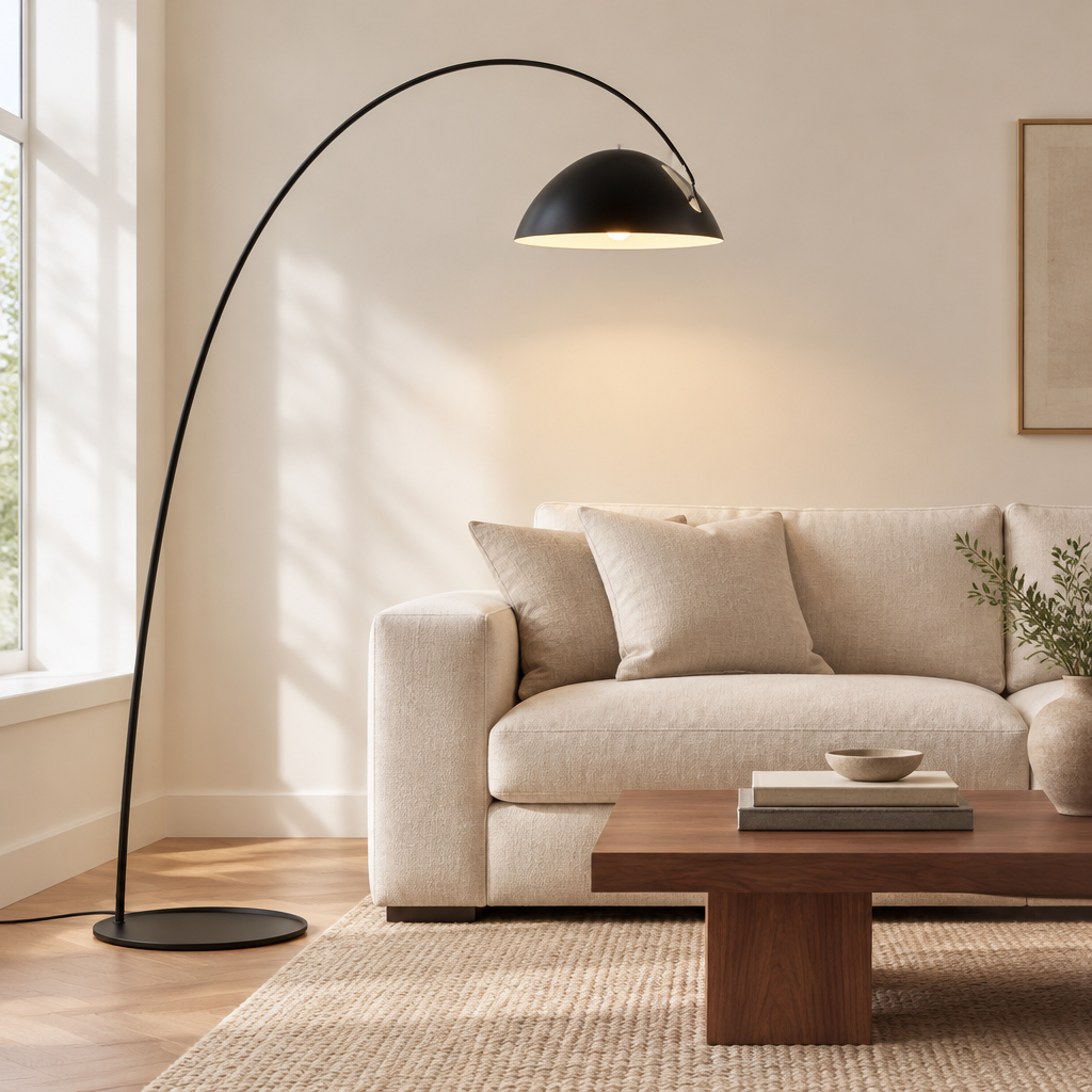 Caldbeck Arc Floor Lamp – arching over a sofa
