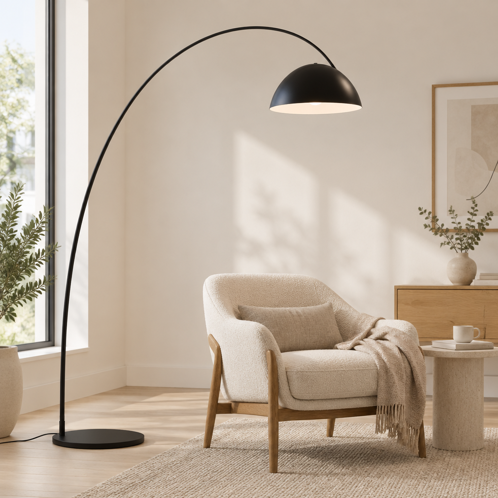 Caldbeck Arc Floor Lamp – over a reading chair, full arc visible